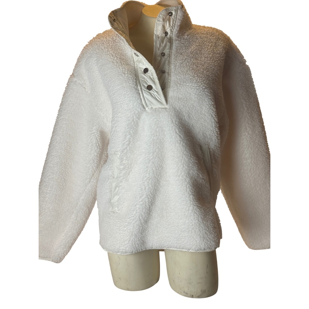 White Sherpa Fleece Pullover Mock Neck Quilted Trim Snap Button Jacket Sweater